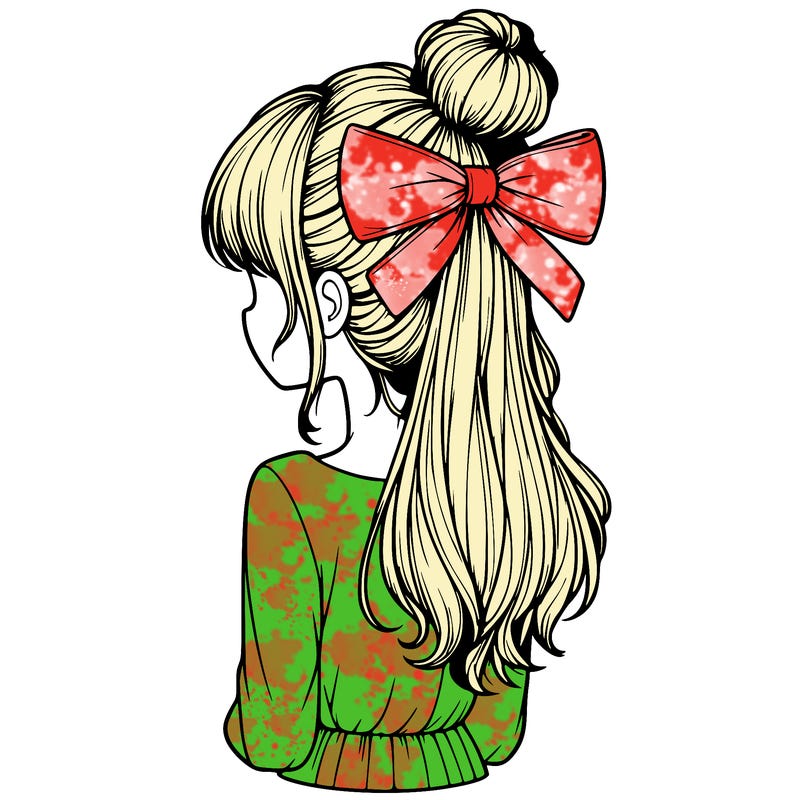 realistic girl  with hip length hair a bun and a big bow on the back of head