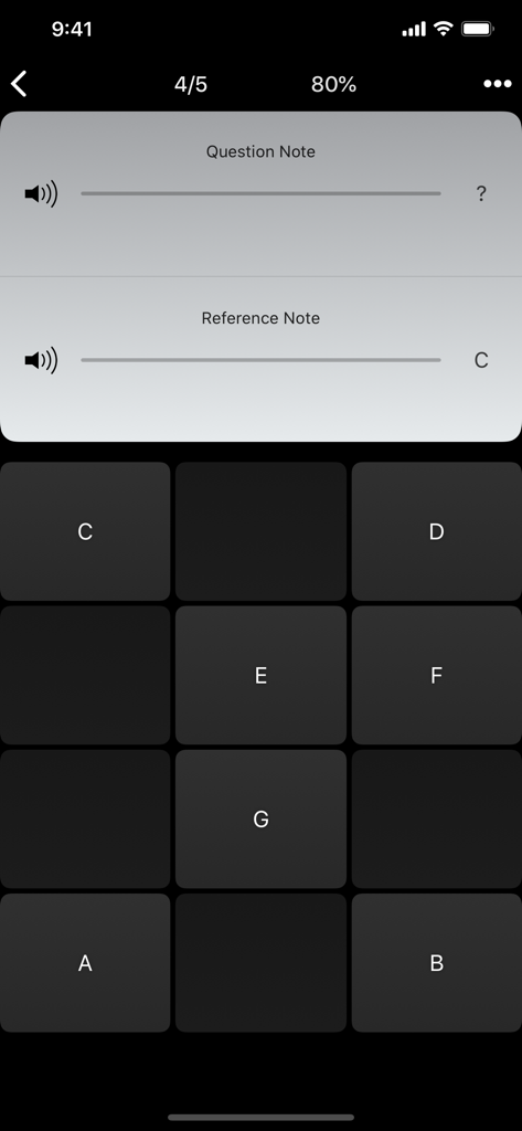 Tenuto - Tenuto app interface showing a note ear training exercise with note buttons and reference note C