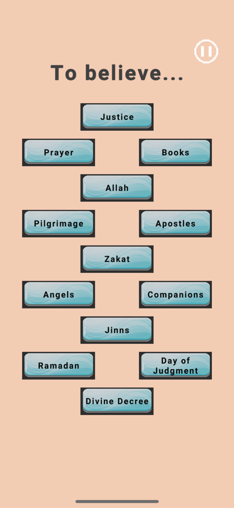 Ein interaktiver Wortspielbildschirm von SahabaGames mit dem Titel 'Zum Glauben' und Schaltflächen mit verschiedenen islamischen Konzepten und Säulen.