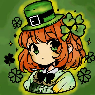 a manga-style girl with clovers around her, a little hat in her hair, like it's saint patrick's day