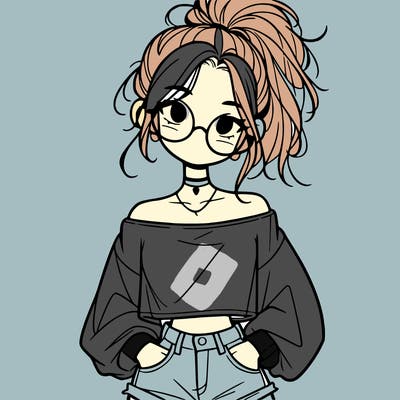 girl with a messy ponytail glasses a baggy crop top and jean shorts