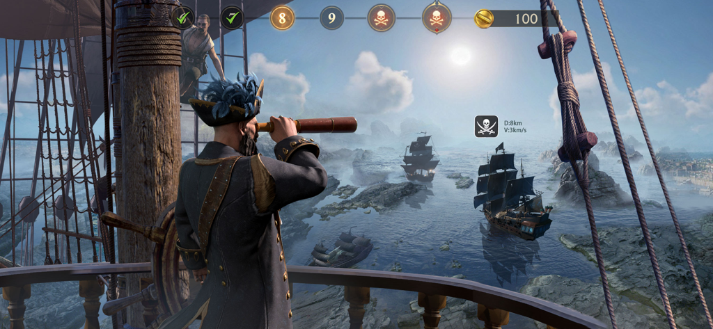 Un capitán en la cubierta de un barco divisa embarcaciones piratas enemigas a través de un telescopio en Guns of Glory Lost Island