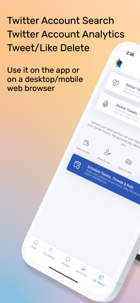 Interface of Circleboom for Twitter app highlighting account analytics and tweet deletion options