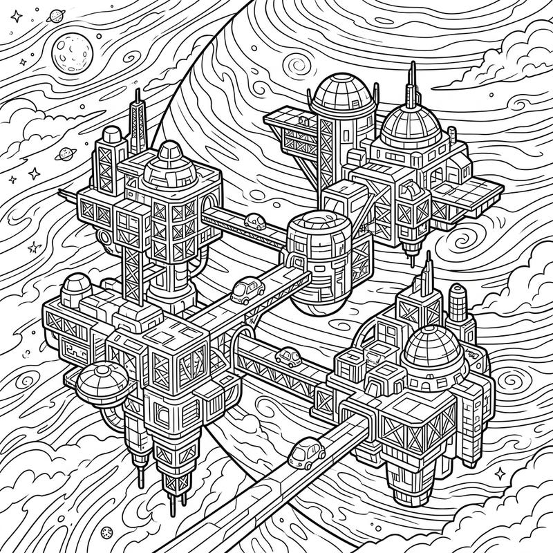 Journey to the stars with this mesmerizing coloring page featuring a sprawling Gas Giant Cloud City. Unleash your creativity as you bring these futuristic floating settlements to life with your favorite colors.