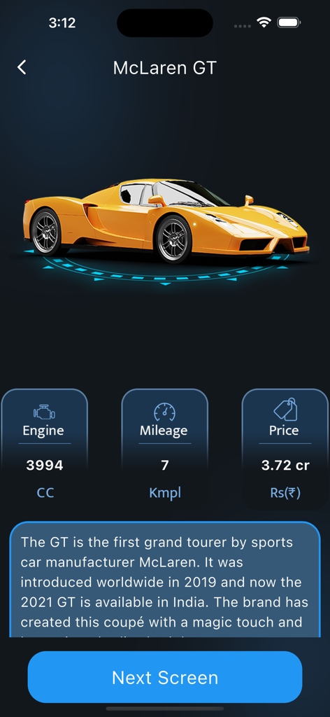 Car Engine & Horn Sounds - Specifications and description for the McLaren GT car within the app interface