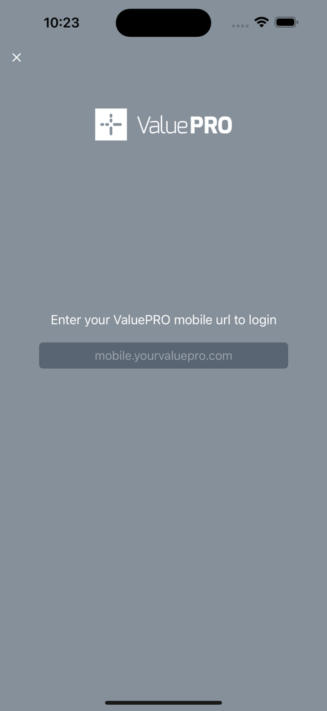 ValuePROモバイルアプリのログイン画面。サーバーURLの入力を求められています。