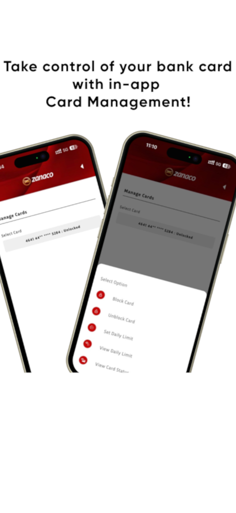 ZANACO Mobile - ZANACO Mobile app screen showing bank card management features including options to block and unblock cards.