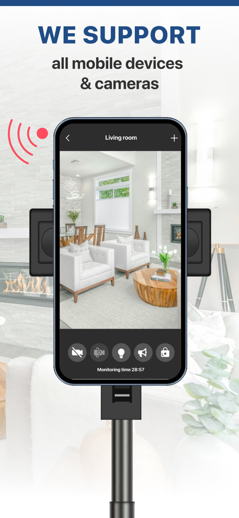 ZoomOn Home Security Camera - Smartphone displaying a live living room feed in the ZoomOn Home Security Camera app