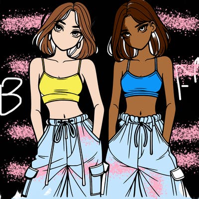 two girls with crop top with baggy pants