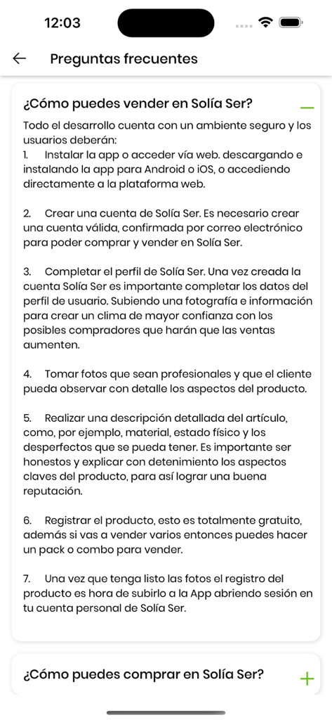 Solia Ser - Pantalla de Preguntas Frecuentes de la app Solia Ser mostrando instrucciones paso a paso sobre cómo vender artículos