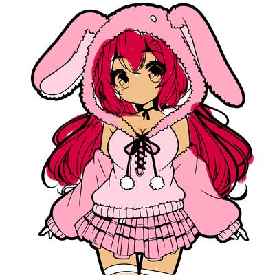 pretty anime girl wearing a fluffy hoodie with bunny ears on the hood and a skirt
