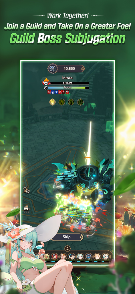 Summoners War: Rush - Summoners War: Rush Guild Boss Subjugation gameplay screen featuring a large boss and monster units.