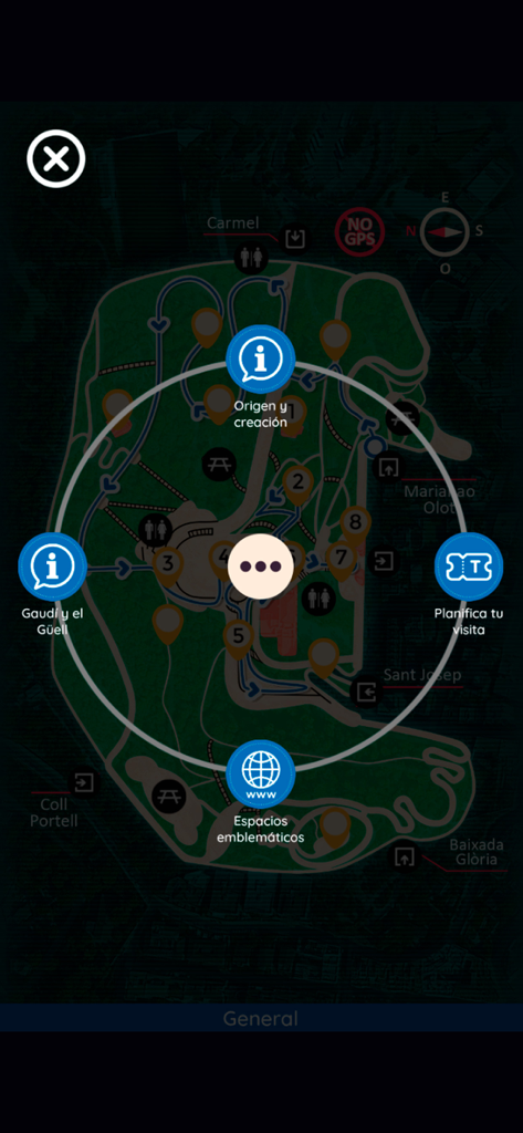 Interactive map and navigation menu of the Park Guell Visita Inclusiva mobile app