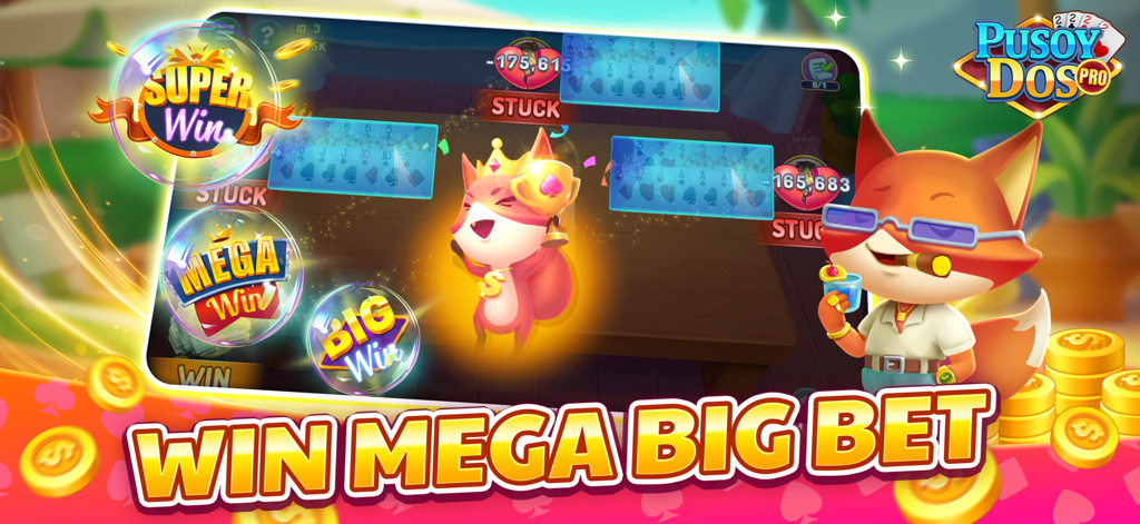 Pantalla de juego de ZingPlay Pusoy Dos con un zorro caricaturesco y un banner de mega ganancia