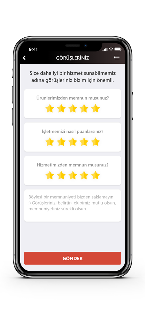 Hungry House - Hungry House app feedback screen featuring star ratings for products and service in Turkish