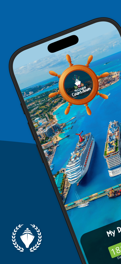 Cruise & Travel Countdown - Cruise and Travel Countdown app display with a ship wheel timer over a tropical cruise port background.