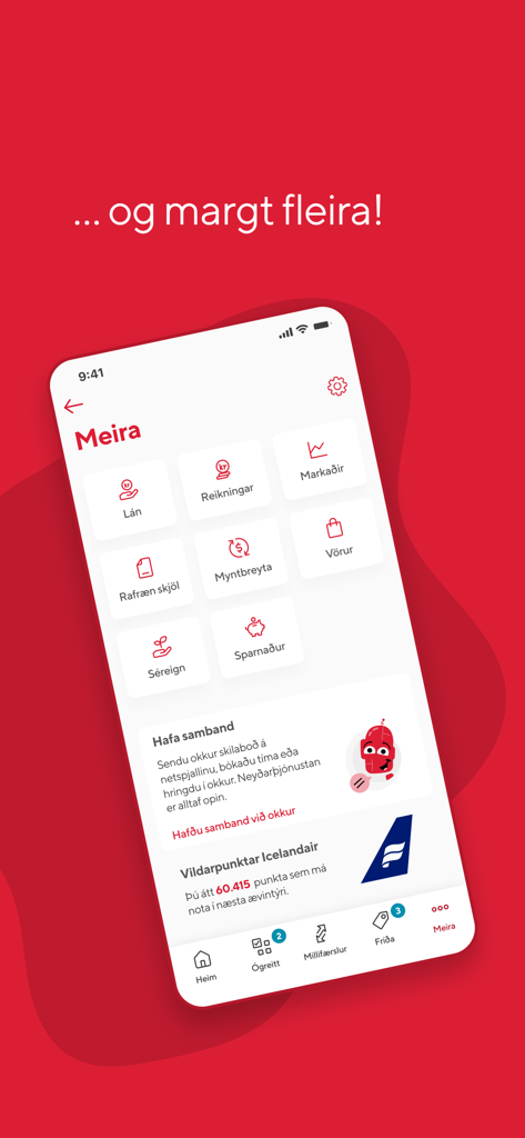 Screenshot of the Islandsbanki mobile app showing various banking features like loans, bills, and currency converter under the Meira menu