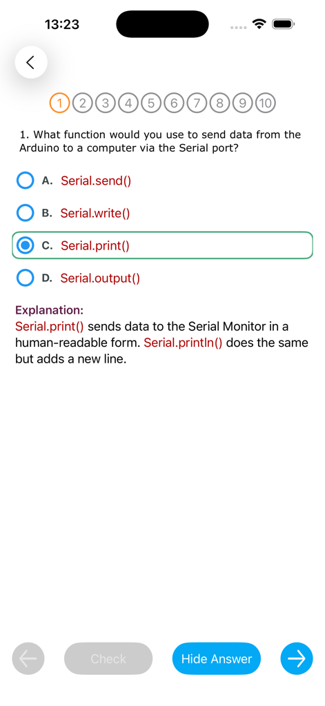 Arduino Programming Tutorial - Arduino quiz screen showing a question about serial port functions with multiple choice answers and a detailed explanation.