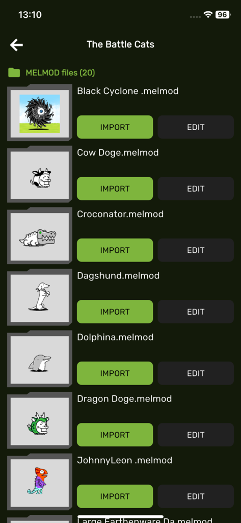 Nolem Playland Addons - A list of Battle Cats character mods for Melon Sandbox in the Nolem Playland Addons app with import and edit options