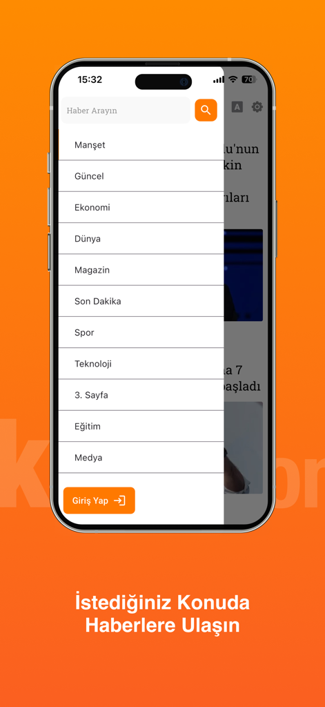 Son Dakika - A smartphone screen displaying a list of Turkish news categories including Economy World and Sports.
