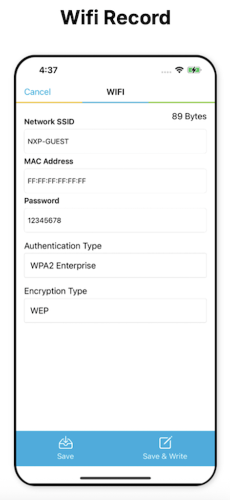 Interface of NFC TagWriter by NXP showing WiFi configuration fields for an NFC tag