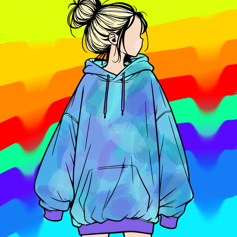 realistic girl with a oversized sweatshirt on and a bun