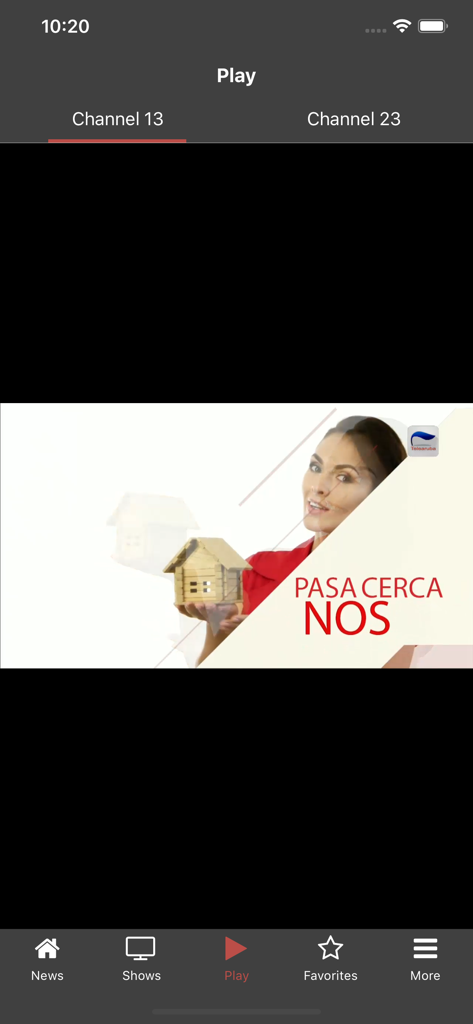 Telearuba mobile app play screen showing live broadcast of channel 13