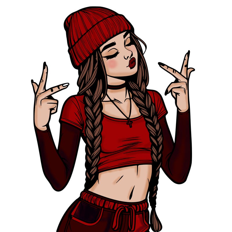 realistic teenage girl with braids and a beanie and crop top doing 🫶🏼