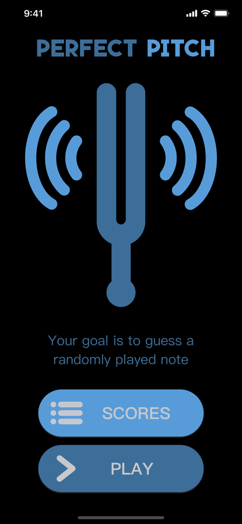 Perfect Pitch. - Home screen of the Perfect Pitch music training app featuring a tuning fork icon and play button