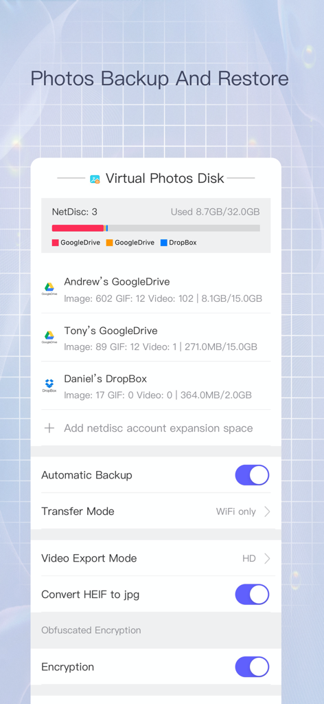 Files Go - media player - Interface de l'application Files Go montrant les paramètres de sauvegarde des photos et la gestion du stockage pour les comptes Google Drive et Dropbox