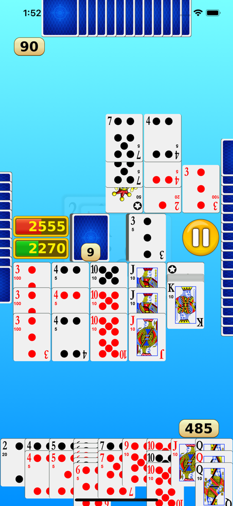 Canasta - Online & offline - A portrait gameplay screenshot of the Canasta card game showing card melds and the player hand on a blue background