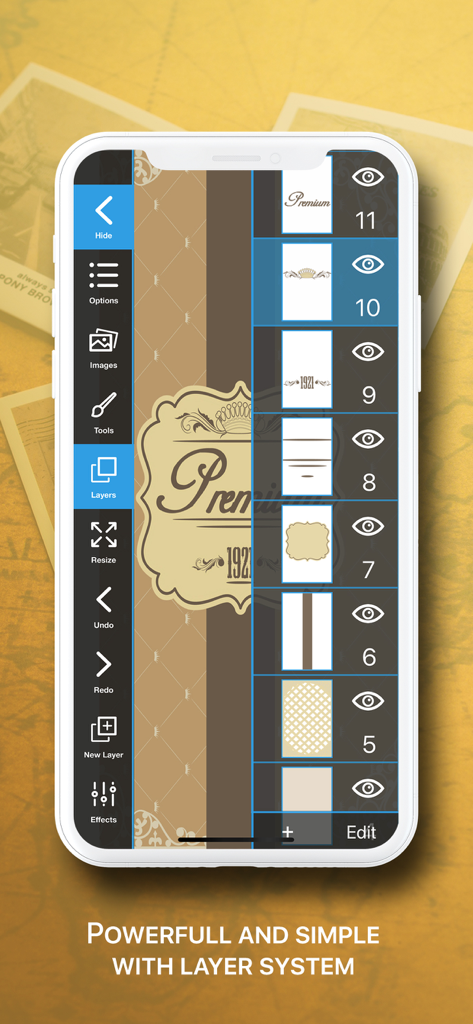 Vintage Logo and Poster Maker mobile app interface showing a detailed layer management system for graphic design.