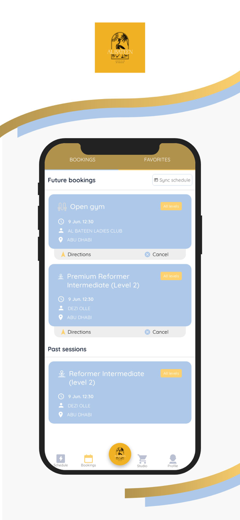 Matcha Club Albateen - The bookings interface of the Matcha Club Albateen app showing upcoming and past fitness sessions.