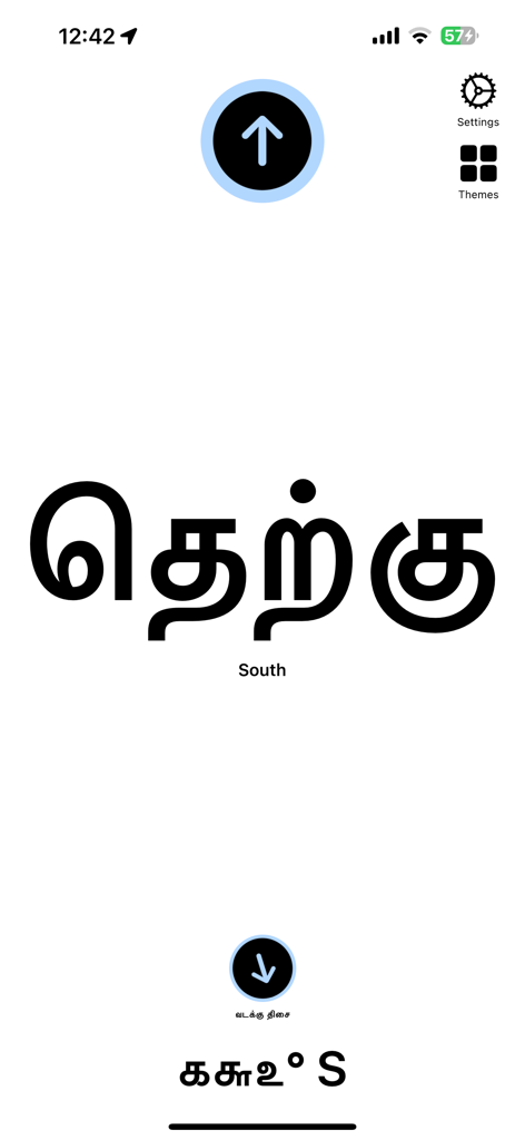 Tamil Directions Compass app interface showing the direction South in Tamil and English text.