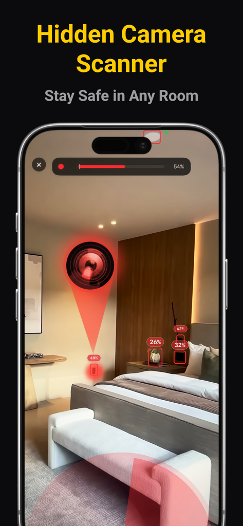 Vulk: Camera Tracker Detector - Smartphone interface of Vulk app scanning a bedroom for hidden cameras
