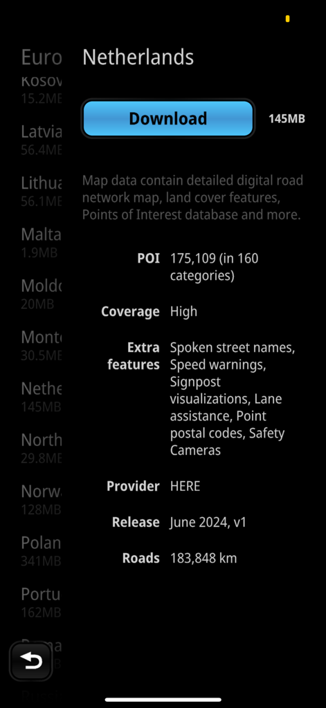 DAF Truck Navigation - Offline map download screen for the Netherlands in the DAF Truck Navigation app showing map data details