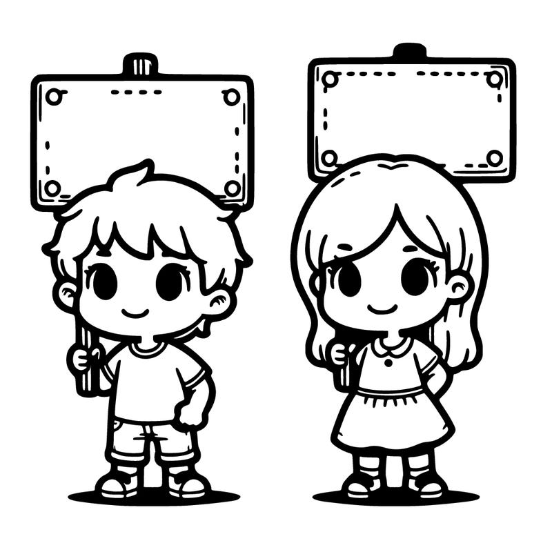 girl and boy holding signs