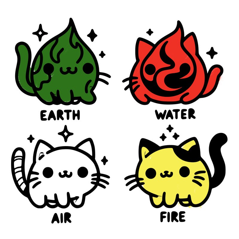 4 cats that represent the different elements, earth, water, air, and fire