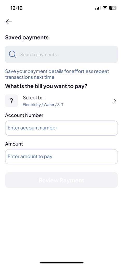 PayMaster - The Super App - Pantalla de la aplicación PayMaster para pagar facturas de servicios públicos de Sri Lanka, incluyendo electricidad y agua