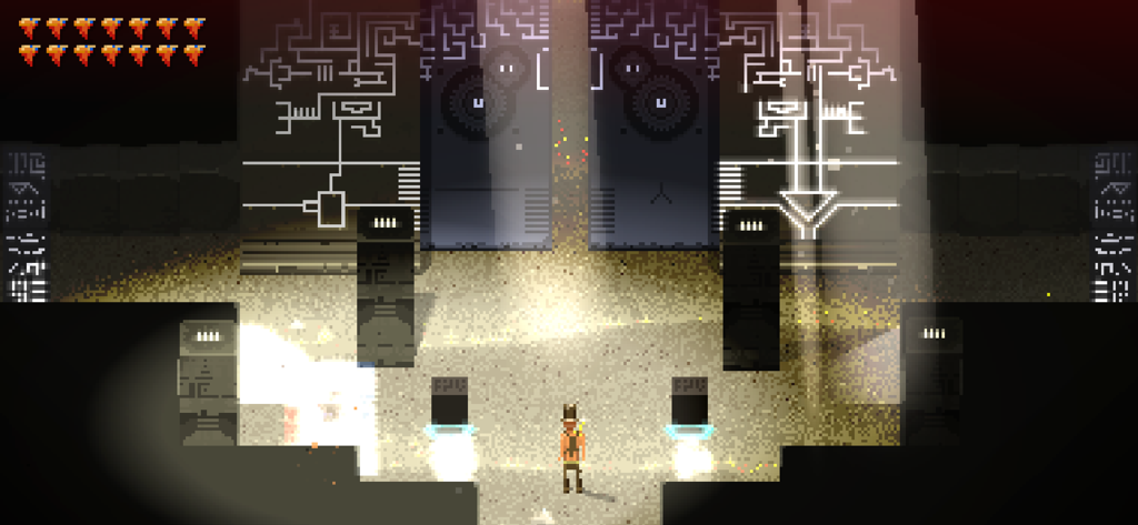 A top-down view of a character in a sci-fi dungeon with glowing circuit walls and retro pixel art graphics