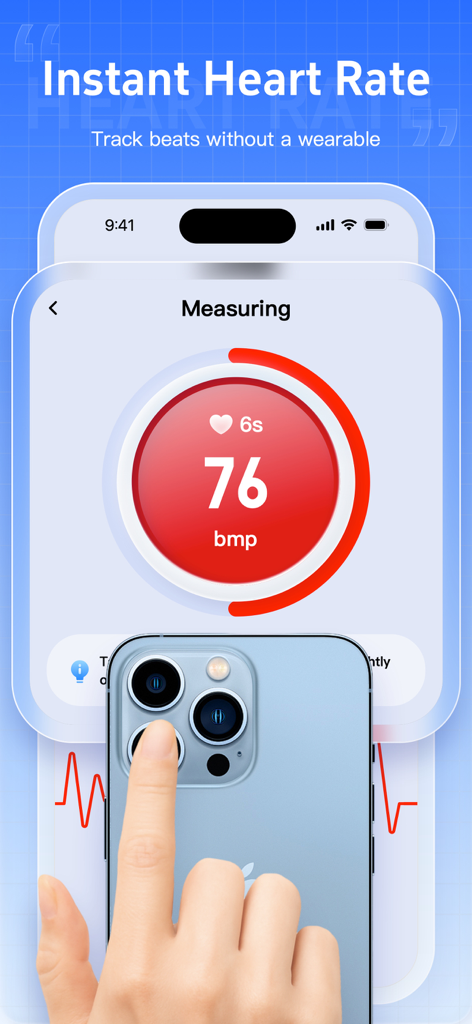 Heart Mate app interface showing a heart rate measurement being taken using the iPhone camera lens.