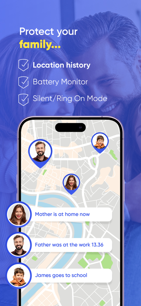 GPS Phone Location Tracker - Locato app displaying real time family location tracking on a map with status notifications for parents and children