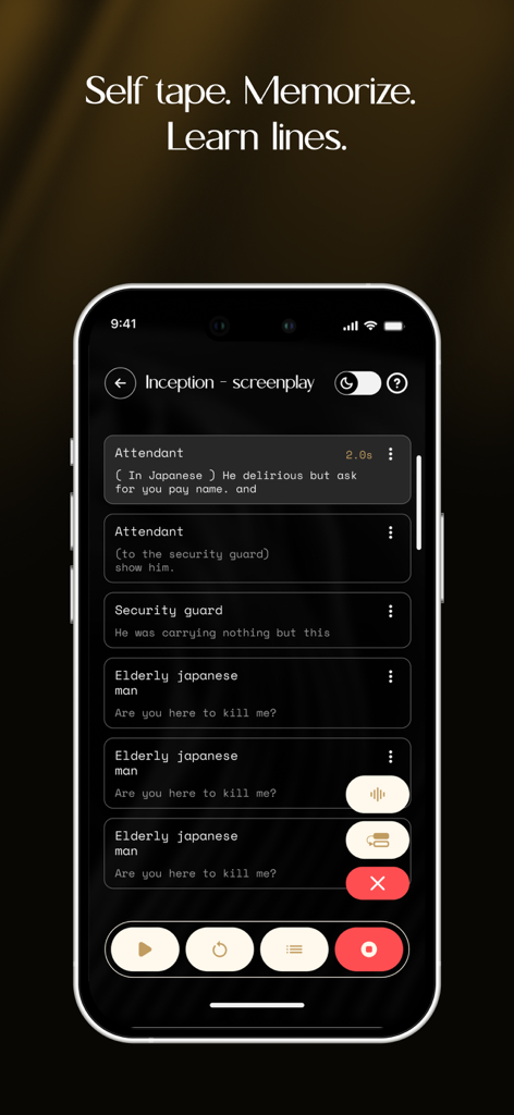 Acting pal: Learn lines - Acting Pal app interface showing a screenplay and audio controls for actors to rehearse lines