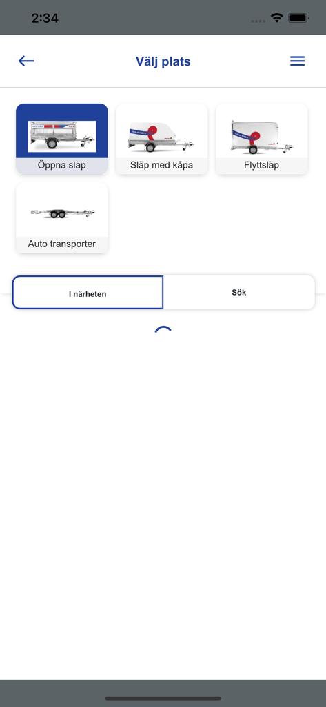 Interfaccia dell'app mobile che mostra diverse opzioni di rimorchio a noleggio, inclusi rimorchi aperti e per traslochi