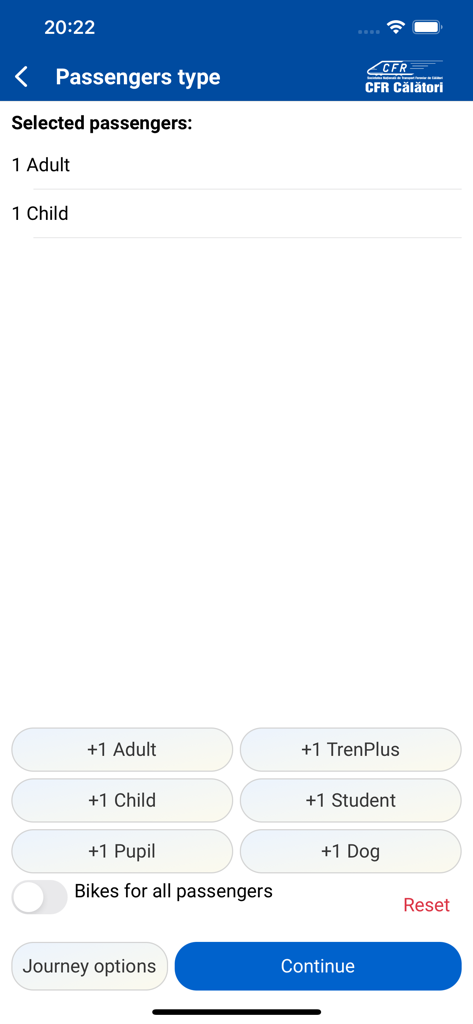 CFR Călători bilete online - Interface da aplicação CFR Calatori para selecionar tipos de passageiros, incluindo adultos, crianças e animais de estimação