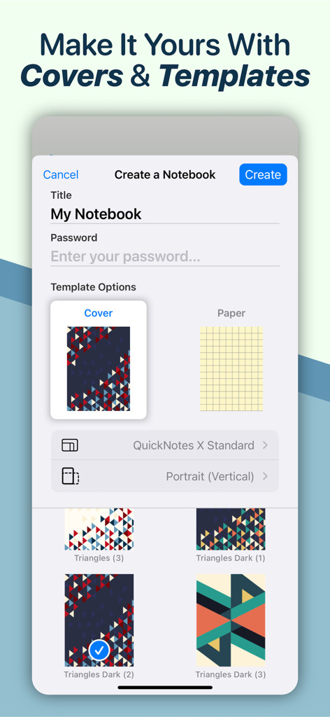 QuickNotes X app screen for creating a new notebook with options for title password and custom geometric covers