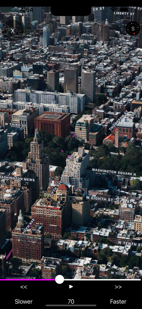 r.485 - Navigation and more! - 3D aerial city map view in the r.485 navigation app showing street names and route playback controls