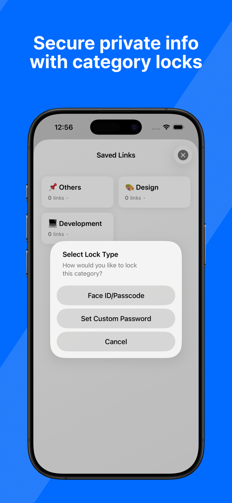 LiveNote: Note on Lock Screen - A smartphone screen displaying options to secure link categories using Face ID or a custom password.