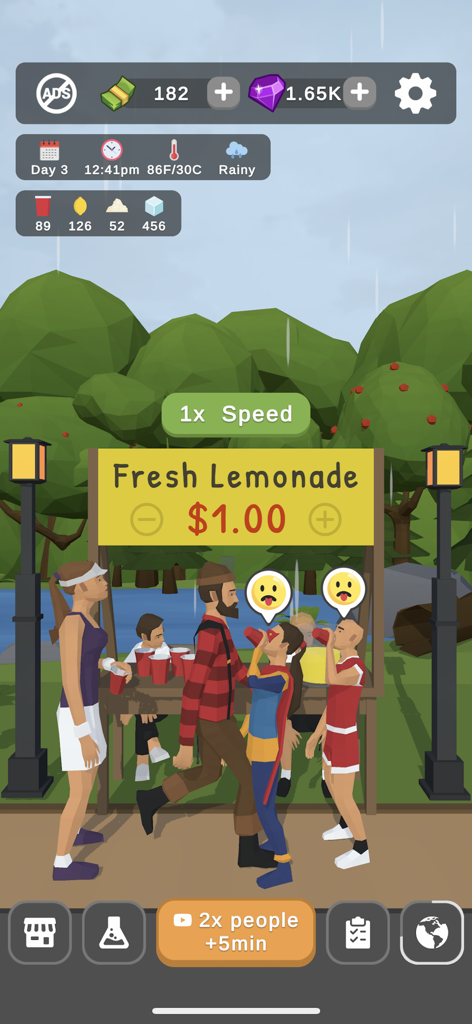 Cool Lemonade Stand - Cool Lemonade Stand mobile game showing a stand with customers in a rainy park