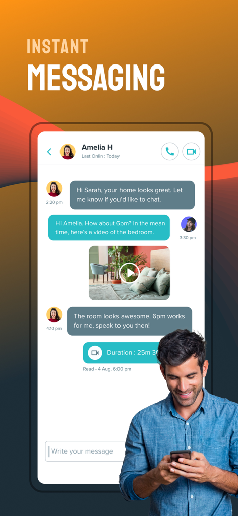 L'interface de messagerie instantanée et d'appel vidéo de l'application Flatmate Finders